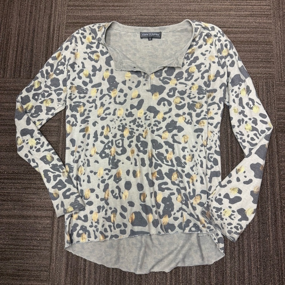 Flora Ashley Leopard Cheetah Print Long Sleeve Top with Button Down Detail